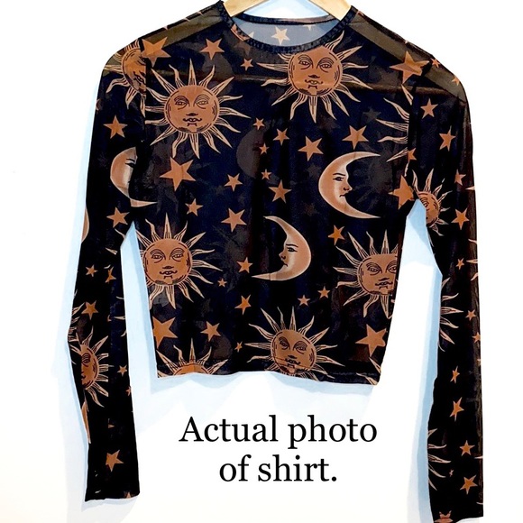 Sheer Black Top NEW Boho Sun Moon Stars Design - Picture 7 of 10